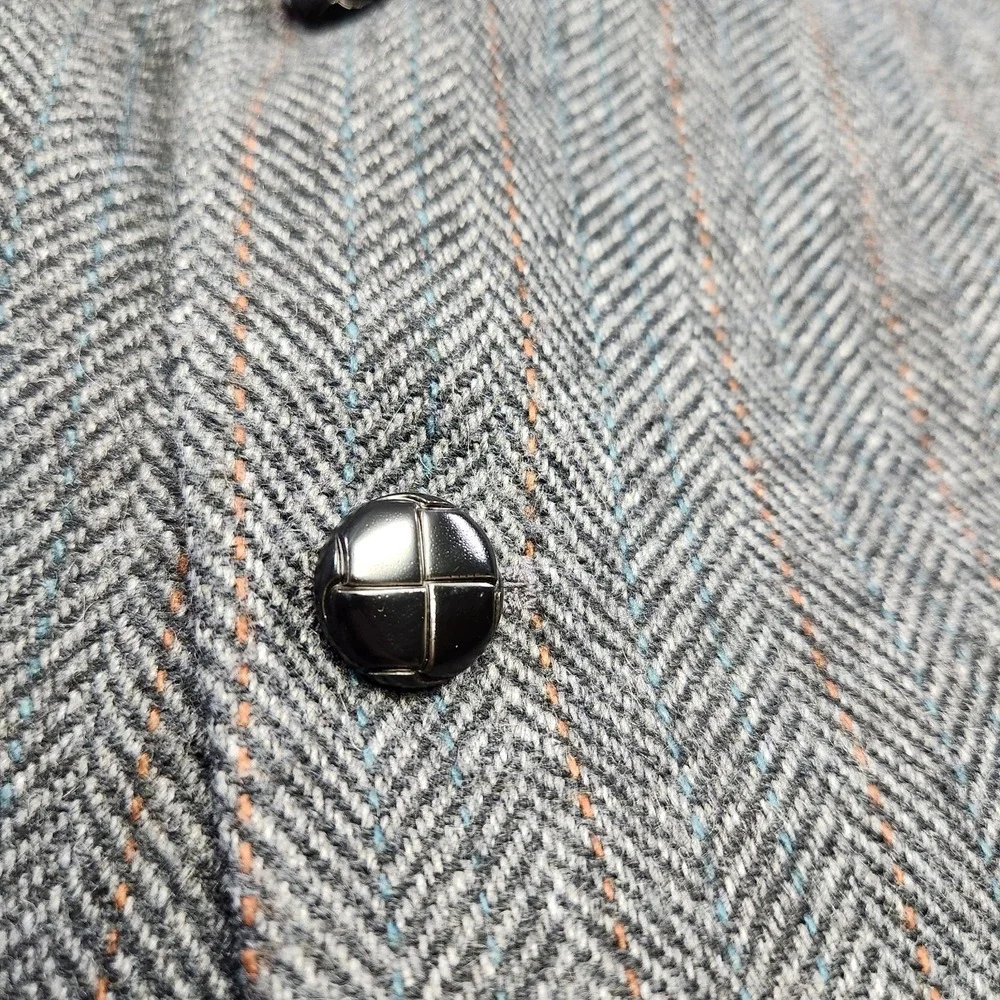 Vintage Herringbone Tweed Blazer Men 44L Leather Button Gray Wool‎ Sport Coat